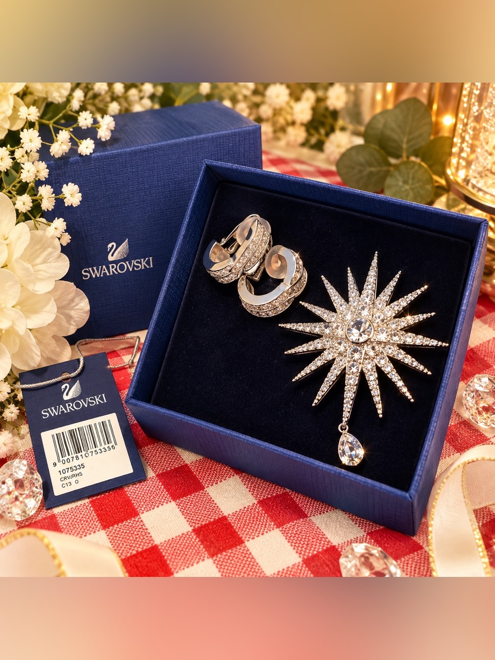 Swarovski Silver Crystal Starburst Brooch with Matching Hoop Earrings - Silver